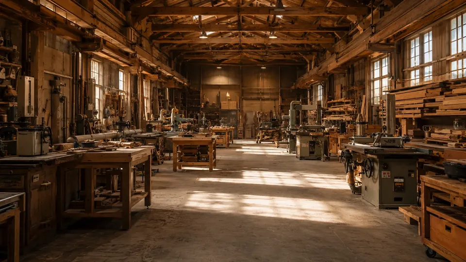 Woodworking factory with machinery and workbenches